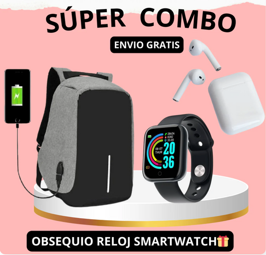 Súper combo Maleta Antirobo + Audifonos INPODS I12® + Reloj Smart Y68® GRATIS